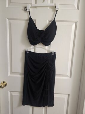Black Ruched Midi Skirt With Matching Crop Top